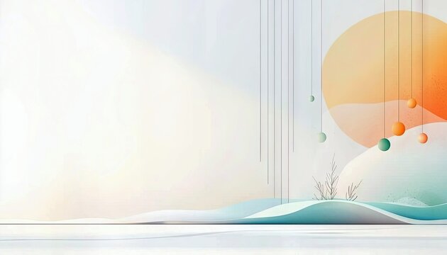 An abstract, minimalist landscape featuring soft, flowing shapes in pastel colors. Geometric elements and hanging spheres are integrated into a serene, sunlit s