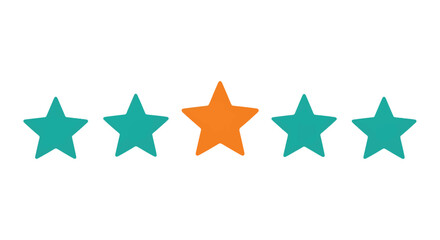 Fototapeta premium Title: Vector illustration of five stars with one orange star highlighted among teal stars, symbolizing rating, review, and evaluation system 