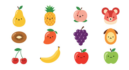 Colorful cartoon fruit assortment on white background flat design illustration