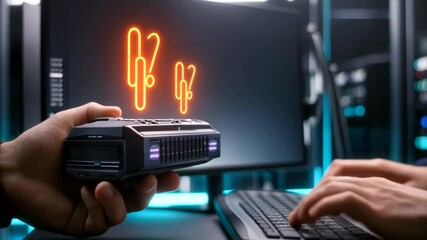 Advanced Futuristic Device Displaying Holographic Figures in Modern Tech Environment with Person Typing on Keyboard Stock Footage - Powered by Adobe