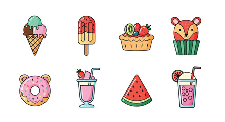Colorful cartoon illustrations of various desserts and refreshing beverages