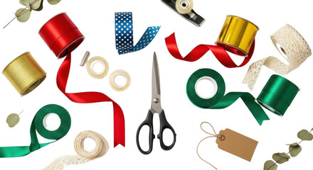 Flat lay overhead of Red, Green, and Gold Christmas Ribbons with Scissors and Craft Tags isolated PNG with Transparent Background
