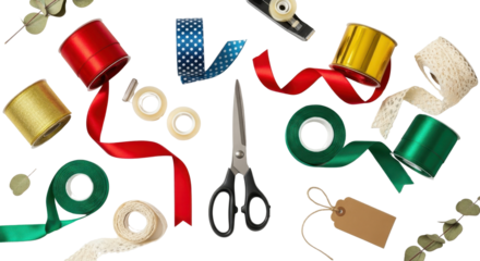 Flat lay overhead of Red, Green, and Gold Christmas Ribbons with Scissors and Craft Tags isolated PNG with Transparent Background