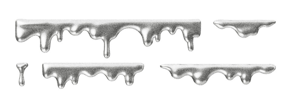 Stipple drip borders with grainy texture and halftone shading. Abstract liquid shapes with noise and dotwork forming decorative frames and melting edges. Vintage monochrome style for design accents