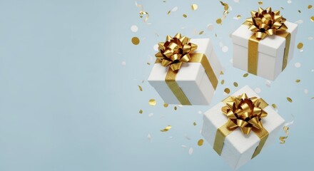 Gift Box Trio with a Dash of Celebration: This image showcases three elegantly wrapped gift boxes, adorned with golden bows and ribbons.