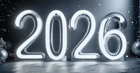 Silver numbers display year 2026. Background features blurred lights, festive decorations. Minimalist, modern aesthetic.