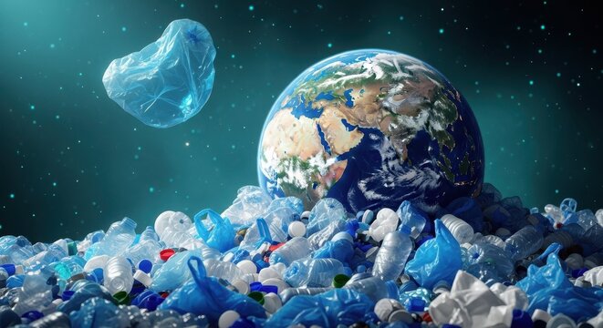 Plastic Pollution and Earth's Plea: A thought-provoking visual narrative showcasing the looming threat of plastic pollution, juxtaposed against the backdrop of our fragile planet. - Powered by Adobe
