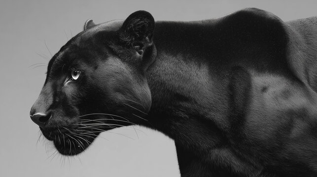 Elegant Black panther in profile view, showcasing its sleek, powerful physique and piercing gaze, black panther demonstrates its apex predator status. Dramatic black panther captured in natural light,