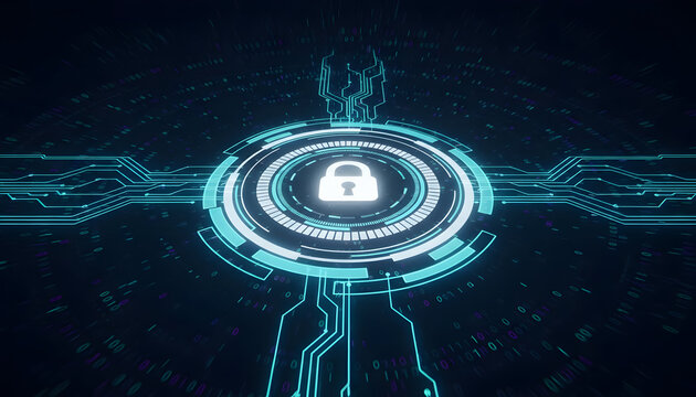 Cybersecurity lock shining brightly on digital tech circuit board background - Powered by Adobe