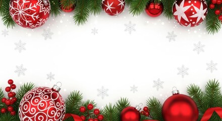 Festive Ornaments and Evergreen Frame: A seasonal holiday banner with vibrant red ornaments, fresh green pine branches, and subtle snowflake accents, perfectly encapsulating the festive cheer.