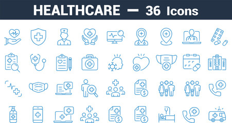 Line-style healthcare icon set featuring emergency, doctor, treatment, diagnosis, reports, prevention, and medical essentials—minimal and fully editable. 