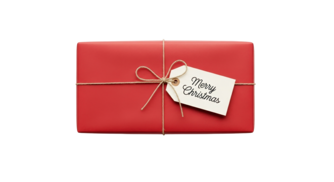 Red Christmas Gift Box with Twine and "Merry Christmas" Tag isolated PNG with Transparent Background