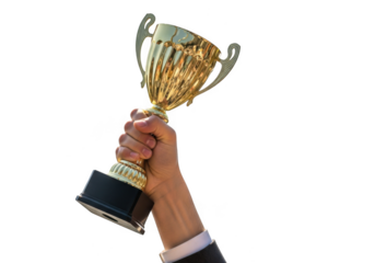 Hand holding up a golden trophy cup in celebration of victory, isolated on transparent background