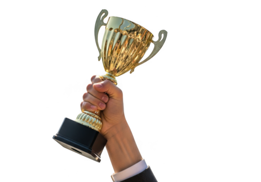 Hand holding up a golden trophy cup in celebration of victory, isolated on transparent background - Powered by Adobe