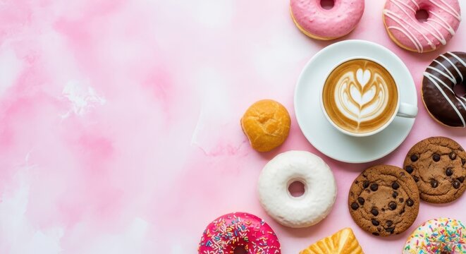 Donut and Coffee Delight: An overhead shot showcases a visually delightful arrangement of doughnuts and coffee with latte art, set against a watercolor pink backdrop, a sweet and delicious moment.