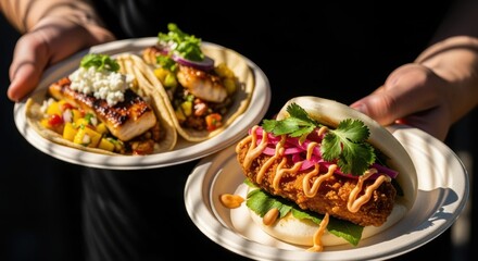 Culinary Delights: A close-up shot captures an appetizing arrangement of culinary creations, including tacos and a bao, meticulously presented on plates.