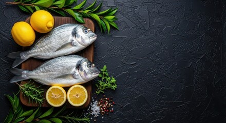 Fresh Fish Culinary Delight: An overhead shot showcases a culinary masterpiece of two fresh fish, artfully arranged with vibrant lemons, aromatic herbs.