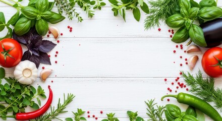 A Symphony of Flavors: A vibrant composition of fresh herbs, succulent tomatoes, and pungent garlic, artfully arranged to create a culinary invitation. 