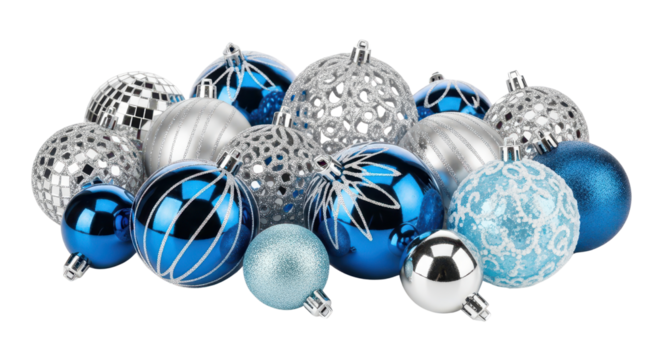 Elegant Collection of Shiny Blue and Silver Christmas Tree Ornaments isolated PNG with Transparent Background