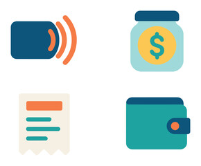 Digital banking icons: contactless payment, savings, receipt, wallet