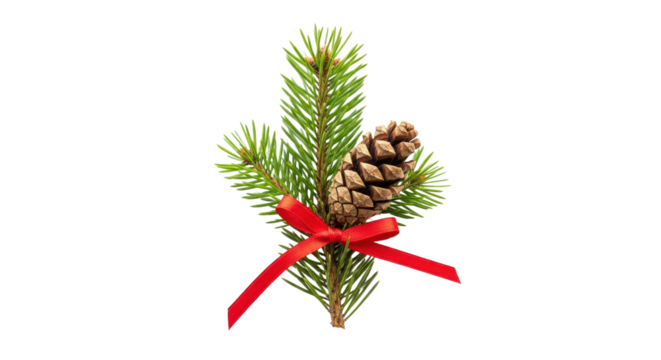 Small isolated Christmas fir branch with pine cone and bright red bow ribbon isolated PNG with Transparent Background - Powered by Adobe