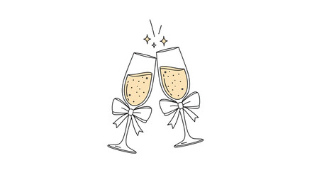 Hand-drawn illustration of two champagne glasses with bows making a toast to celebrate a wedding or special occasion vector.