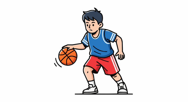 Young boy dribbling a basketball with intense focus on the court.