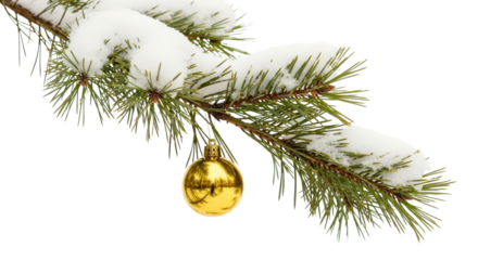 Snowy Pine Branch with Single Reflective Golden Christmas Ornament isolated PNG with Transparent Background