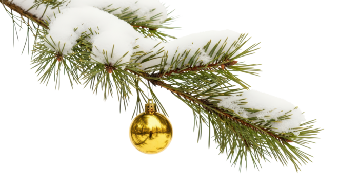 Snowy Pine Branch with Single Reflective Golden Christmas Ornament isolated PNG with Transparent Background
