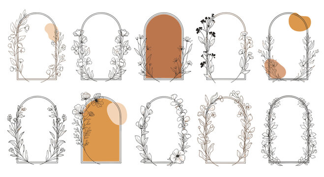 Collection of elegant arched frames decorated with delicate hand-drawn line art botanicals for wedding invitations or logos.