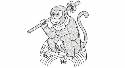 Detailed Line Art of a Monkey Holding a Staff.
