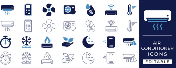 air conditioner icon set featuring cooling, eco, ac, unit, timer, temperature, ventilation, control, thermostat, airflow, fan, maintenance, and hvac symbols for home and office design.