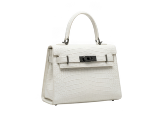 Elegant white crocodile leather handbag with black hardware, isolated on transparent background
