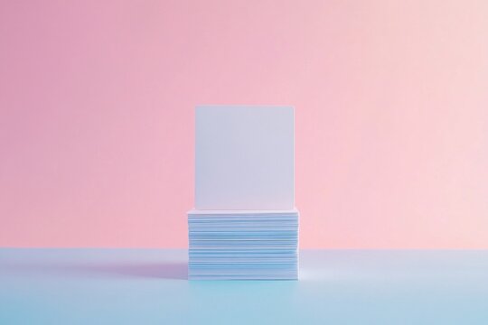 Blank square card stack on pastel pink blue background, clean minimal mockup template for business branding or invitation design.