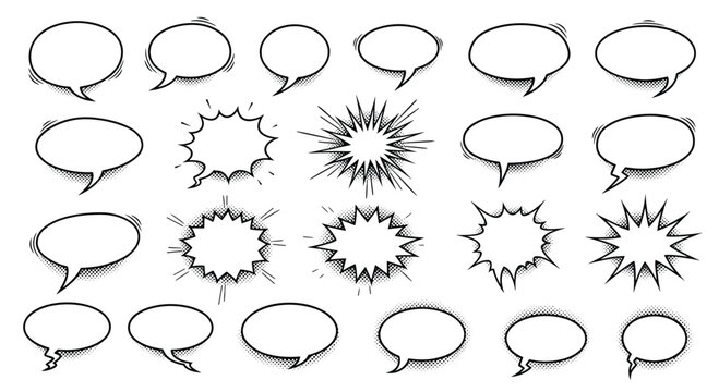 Collection of classic black and white comic book speech bubbles and explosion shapes with halftone dot shadow effects vector.