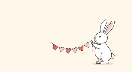 Fototapeta premium Adorable cartoon bunny standing and holding a festive garland of pink and red hearts with plenty of copy space available.