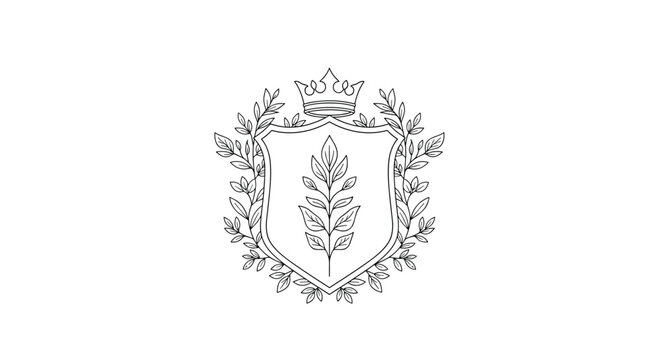 Elegant and royal heraldic crest with a crown on a shield decorated with beautiful botanical branches in a line art style.
