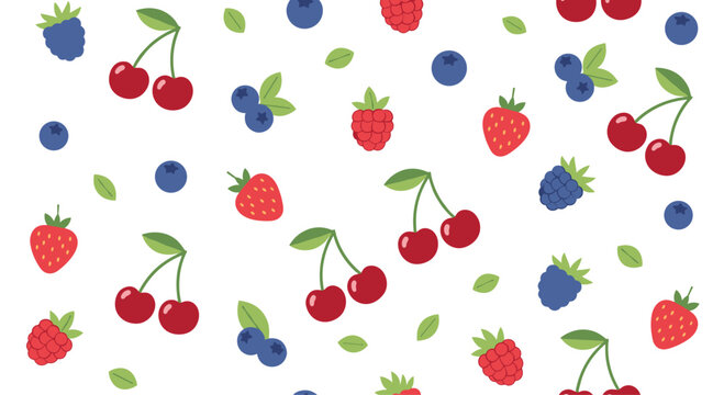 Colorful seamless pattern background with fresh summer berries like strawberries blueberries cherries and raspberries on a white background.