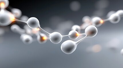 A 3D render of a molecular chain with white spheres connected by thin lines, featuring glowing orange nodes at the connection points. The background is a soft g