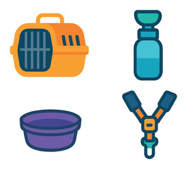 Pet accessories: carrier, water bottle, bowl, leash in vibrant colors