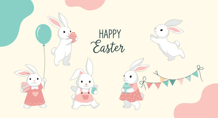Obraz premium Cute Happy Easter banner with a collection of adorable white cartoon rabbits holding eggs a balloon and a festive party garland.