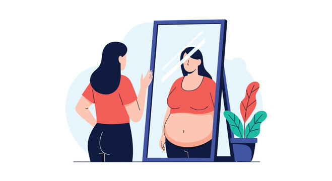 Conceptual illustration of body dysmorphia or an eating disorder showing a woman seeing an overweight reflection in the mirror.