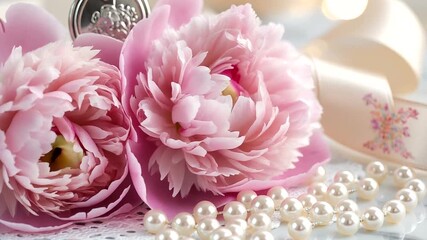 Tender peony blossoms with pearl necklace on delicate backdrop floral arrangement with elegant ribbon close up shot for refined aesthetic cinematic clip - Powered by Adobe