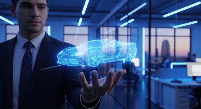 Man holding holographic car blueprint. Future automotive design and engineering concept using augmented reality in a modern office setup.
