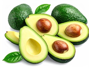 Ripe Avocados Halved and Whole with Green Leaves