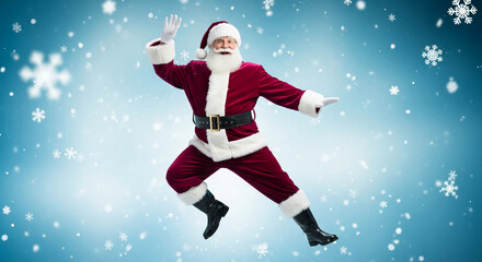 Full shot of person in Santa Claus costume jumping with falling snowflakes, representing holiday cheer, festive season, and winter celebration