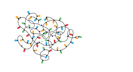 Tangled mess of colorful Christmas fairy lights on a string creating a festive and chaotic holiday design with ample copy space.