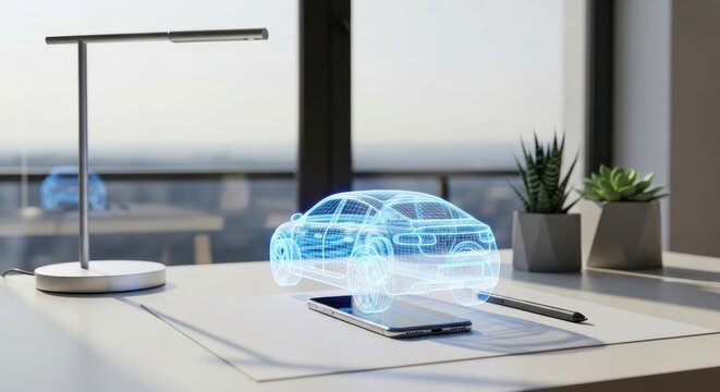 Holographic car wireframe with blue light projected from smartphone on white desk. Future automotive design and engineering visualization technology concept.