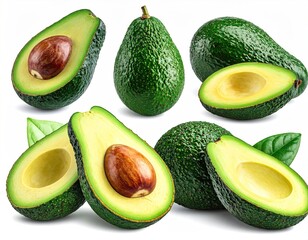 Ripe Green Avocados Halved and Whole on White Background