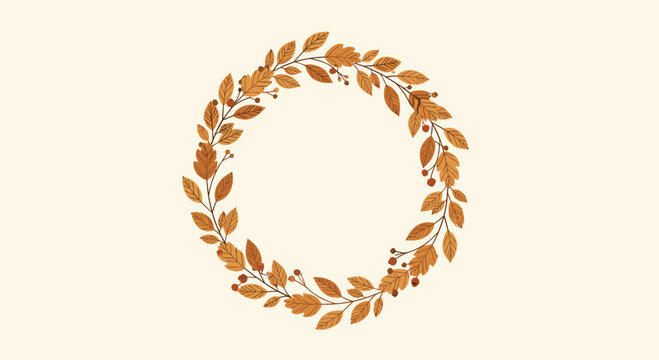 Beautiful autumn wreath made of colorful fall leaves and berries in warm orange and brown tones creating a circular frame.